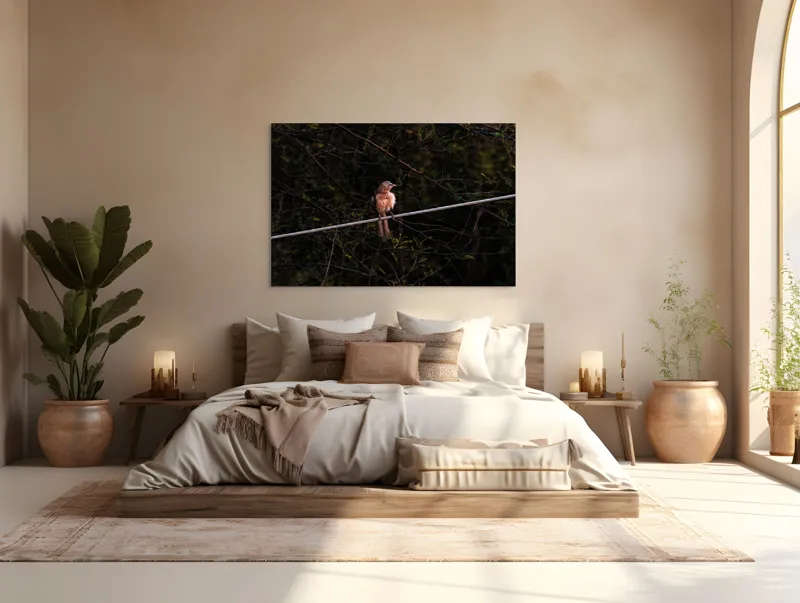 Tablou Canvas, "Pasărea solitară pe ramura rece", Pasăre, Creangă, Frunziș, Cablu, Întuneric, Penaj, Peisaj, Sălbăticie, 150 x 100 cm – poza 4