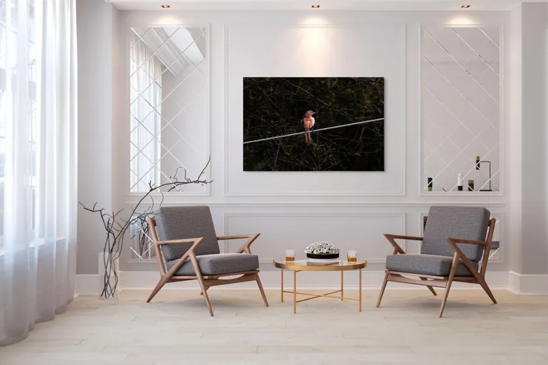 Tablou Canvas, "Pasărea solitară pe ramura rece", Pasăre, Creangă, Frunziș, Cablu, Întuneric, Penaj, Peisaj, Sălbăticie, 150 x 100 cm – poza 7