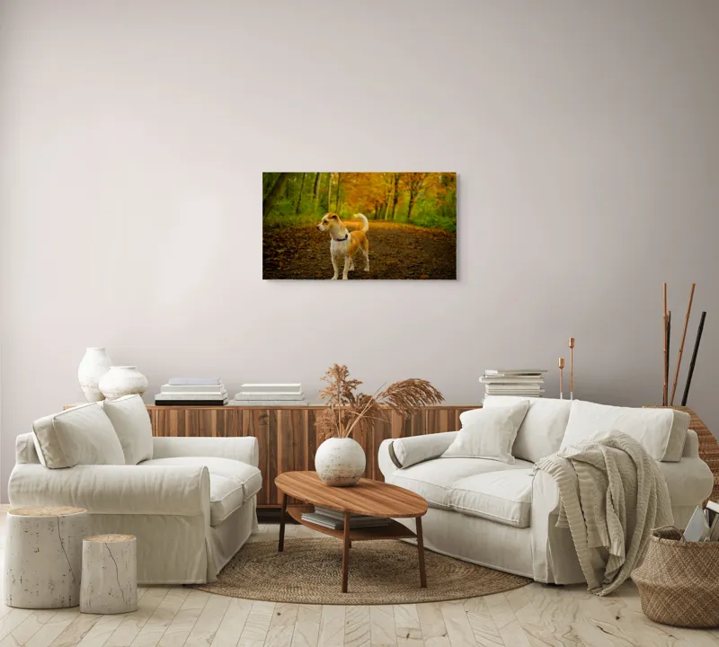 Tablou Canvas, "Cățel în pădurea de toamnă", Câine, Alee, Frunze, Toamnă, Pădure, Verde, Portocaliu, Plimbare, Natură, Frumusețe, 90 x 50 cm – poza 4