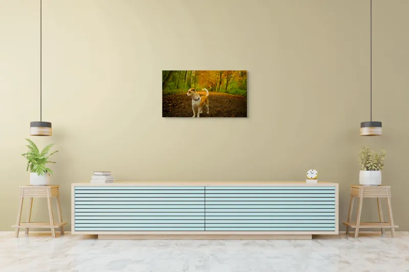 Tablou Canvas, "Cățel în pădurea de toamnă", Câine, Alee, Frunze, Toamnă, Pădure, Verde, Portocaliu, Plimbare, Natură, Frumusețe, 90 x 50 cm – poza 5
