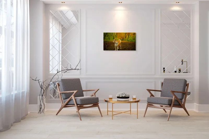 Tablou Canvas, "Cățel în pădurea de toamnă", Câine, Alee, Frunze, Toamnă, Pădure, Verde, Portocaliu, Plimbare, Natură, Frumusețe, 90 x 50 cm – poza 7