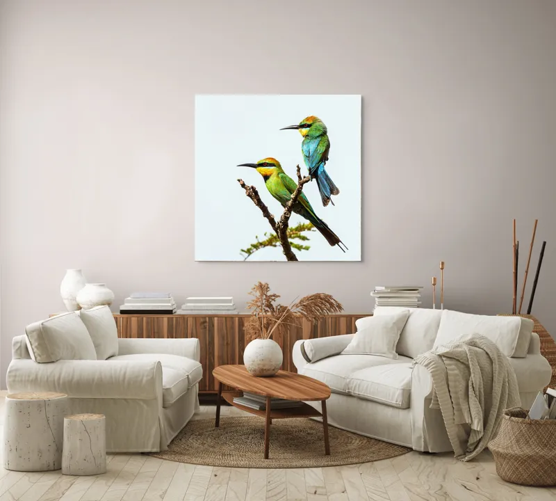 Tablou Canvas, "Păsări colorate pe creanga subțire", Nu pot identifica păsările din imagine, dar pot să îți spun că sunt colorate frumos., 100 x 100 cm – poza 3