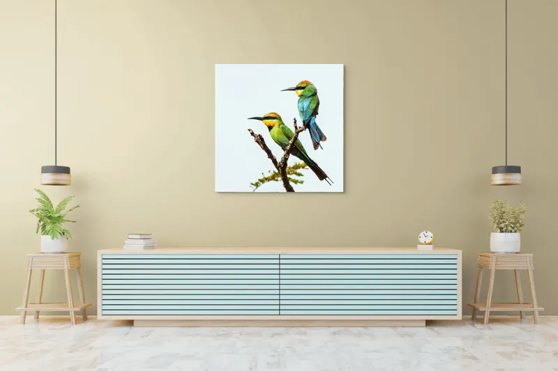 Tablou Canvas, "Păsări colorate pe creanga subțire", Nu pot identifica păsările din imagine, dar pot să îți spun că sunt colorate frumos., 100 x 100 cm – poza 5