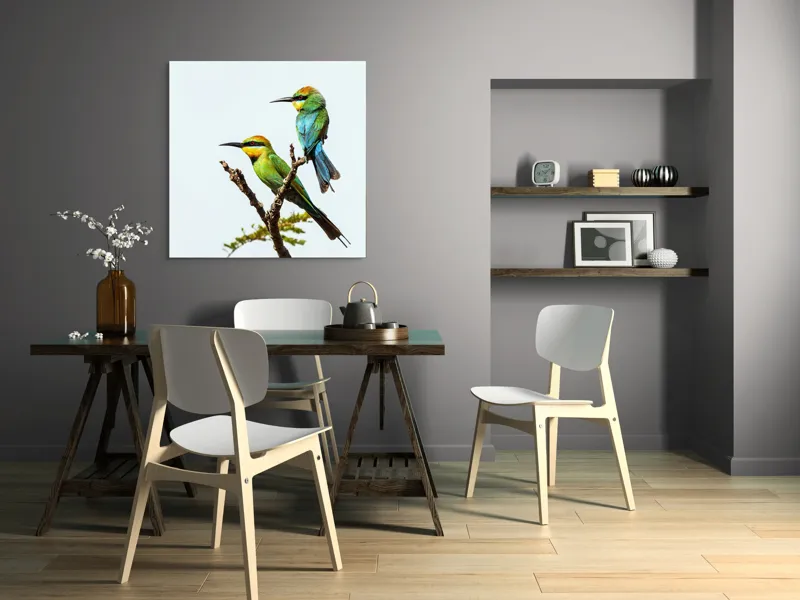 Tablou Canvas, "Păsări colorate pe creanga subțire", Nu pot identifica păsările din imagine, dar pot să îți spun că sunt colorate frumos., 100 x 100 cm – poza 6