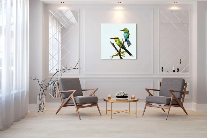 Tablou Canvas, "Păsări colorate pe creanga subțire", Nu pot identifica păsările din imagine, dar pot să îți spun că sunt colorate frumos., 100 x 100 cm – poza 7