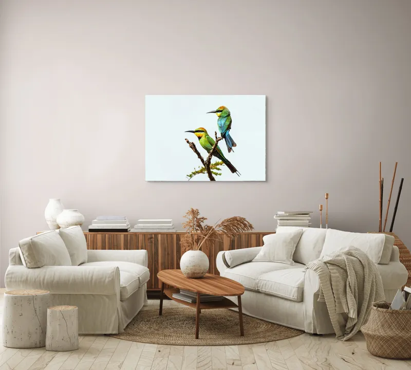 Tablou Canvas, "Păsări colorate pe creanga subțire", Nu pot identifica păsările din imagine, dar pot să îți spun că sunt colorate frumos., 100 x 70 cm – poza 3