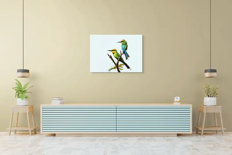 Tablou Canvas, "Păsări colorate pe creanga subțire", Nu pot identifica păsările din imagine, dar pot să îți spun că sunt colorate frumos., 100 x 70 cm – poza 4