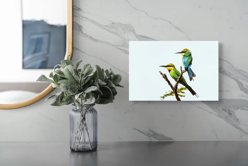 Tablou Canvas, "Păsări colorate pe creanga subțire", Nu pot identifica păsările din imagine, dar pot să îți spun că sunt colorate frumos., 39 x 26 cm – poza 5