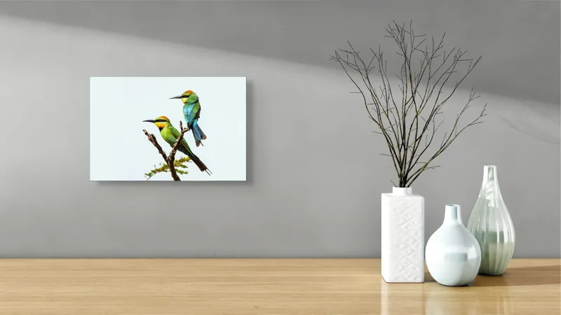 Tablou Canvas, "Păsări colorate pe creanga subțire", Nu pot identifica păsările din imagine, dar pot să îți spun că sunt colorate frumos., 39 x 26 cm – poza 8