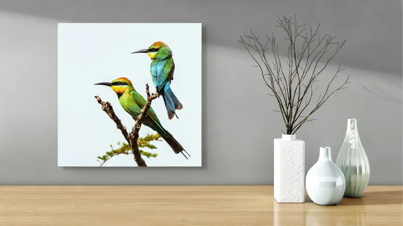 Tablou Canvas, "Păsări colorate pe creanga subțire", Nu pot identifica păsările din imagine, dar pot să îți spun că sunt colorate frumos., 50 x 50 cm – poza 3