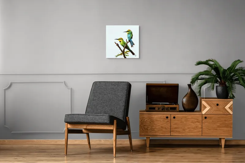 Tablou Canvas, "Păsări colorate pe creanga subțire", Nu pot identifica păsările din imagine, dar pot să îți spun că sunt colorate frumos., 50 x 50 cm – poza 6