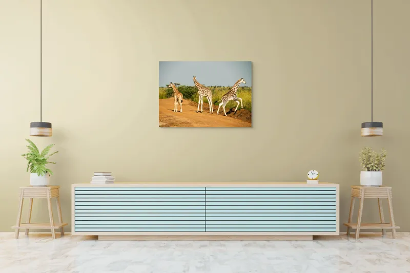 Tablou Canvas, "Girafe traversând drumul în savană", Girafe, Drum, Iarbă, Cer, Peisaj, Natură, Savannah, Animale, Fericire, Aventură, 100 x 70 cm – poza 4