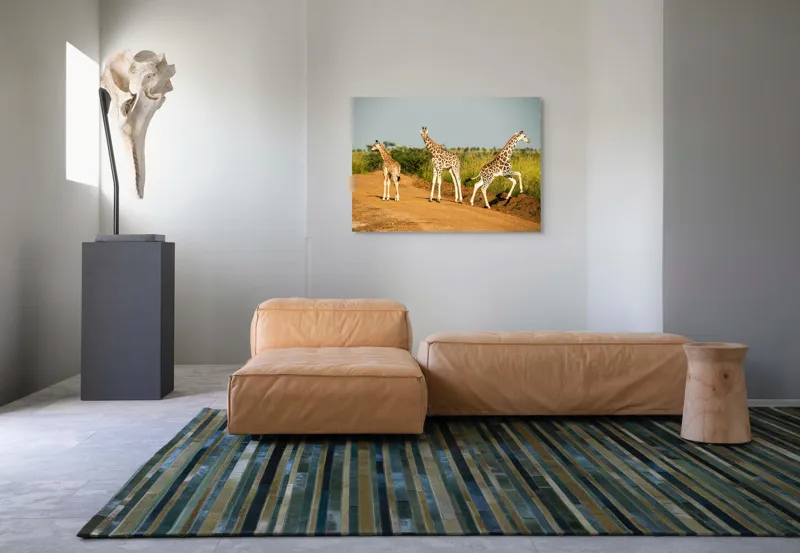 Tablou Canvas, "Girafe traversând drumul în savană", Girafe, Drum, Iarbă, Cer, Peisaj, Natură, Savannah, Animale, Fericire, Aventură, 100 x 70 cm – poza 7