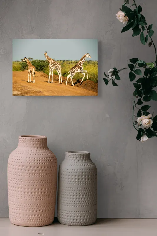 Tablou Canvas, "Girafe traversând drumul în savană", Girafe, Drum, Iarbă, Cer, Peisaj, Natură, Savannah, Animale, Fericire, Aventură, 39 x 26 cm – poza 4