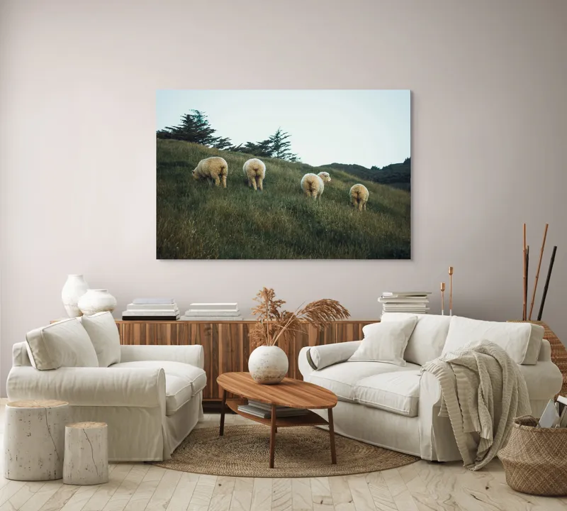 Tablou Canvas, "Oile pășunând pe colina înverzită", Oi, Pajiste, Verdeata, Natura, Cer, Relaxare, Peisaj, Liniste, Deal, Vegetatie, 150 x 100 cm – poza 3
