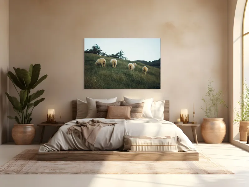 Tablou Canvas, "Oile pășunând pe colina înverzită", Oi, Pajiste, Verdeata, Natura, Cer, Relaxare, Peisaj, Liniste, Deal, Vegetatie, 150 x 100 cm – poza 4