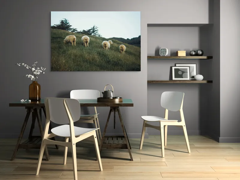 Tablou Canvas, "Oile pășunând pe colina înverzită", Oi, Pajiste, Verdeata, Natura, Cer, Relaxare, Peisaj, Liniste, Deal, Vegetatie, 150 x 100 cm – poza 5