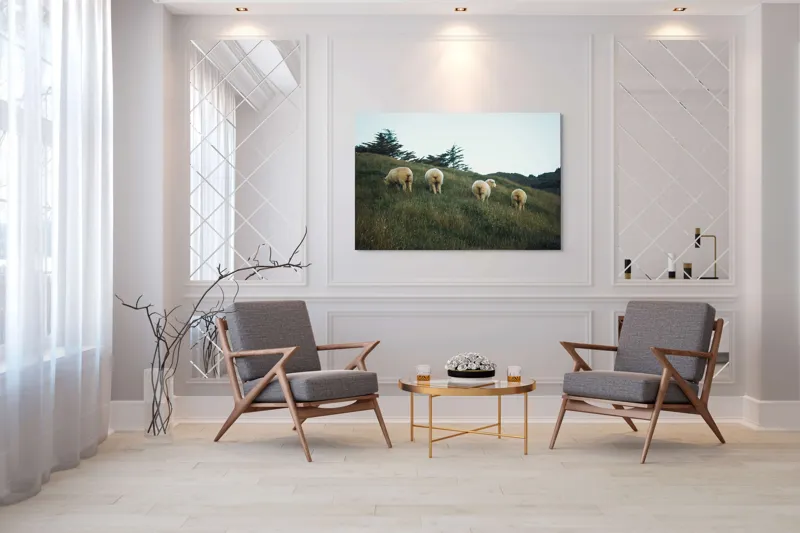 Tablou Canvas, "Oile pășunând pe colina înverzită", Oi, Pajiste, Verdeata, Natura, Cer, Relaxare, Peisaj, Liniste, Deal, Vegetatie, 150 x 100 cm – poza 7