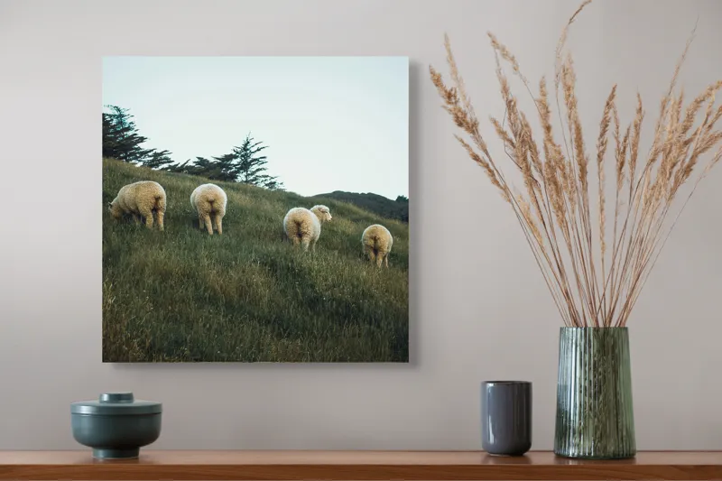 Tablou Canvas, "Oile pășunând pe colina înverzită", Oi, Pajiste, Verdeata, Natura, Cer, Relaxare, Peisaj, Liniste, Deal, Vegetatie, 50 x 50 cm – poza 4