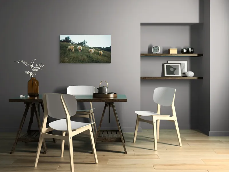 Tablou Canvas, "Oile pășunând pe colina înverzită", Oi, Pajiste, Verdeata, Natura, Cer, Relaxare, Peisaj, Liniste, Deal, Vegetatie, 90 x 50 cm – poza 3