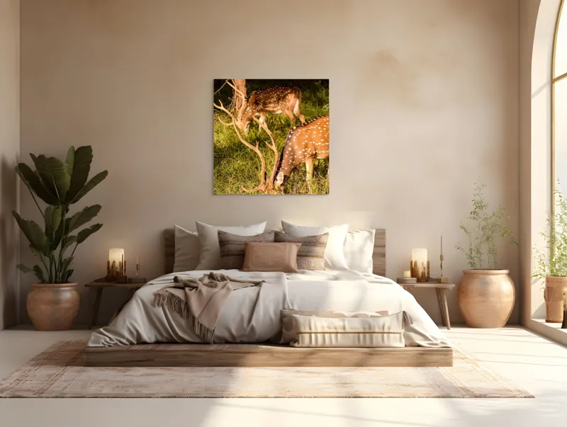Tablou Canvas, "Pădurea liniștită a cerbilor vărgati", Clar, Pădure, Cerbi, Pete, Lumini, Iarbă, Rădăcini, Cornament, Natură, Sălbatic, Peisaj., 100 x 100 cm – poza 4