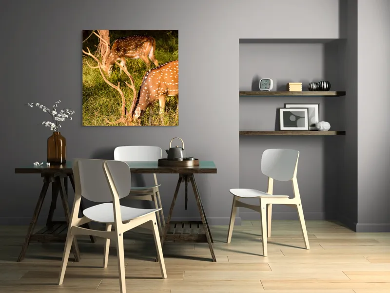 Tablou Canvas, "Pădurea liniștită a cerbilor vărgati", Clar, Pădure, Cerbi, Pete, Lumini, Iarbă, Rădăcini, Cornament, Natură, Sălbatic, Peisaj., 100 x 100 cm – poza 6
