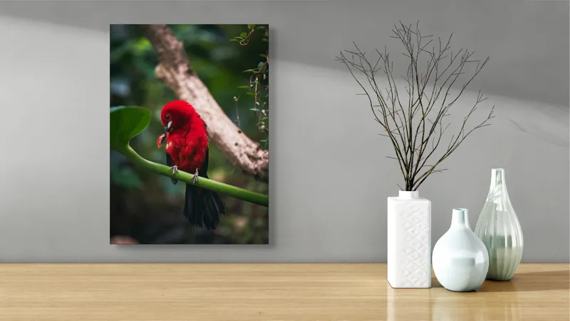 Tablou Canvas, "Frumusețea exotică în natură vibrantă", Roșu, Pasăre, Ramură, Frunze, Natură, Viu, Penaj, Exotic, Contrast, Verde, 39 x 54 cm – poza 4