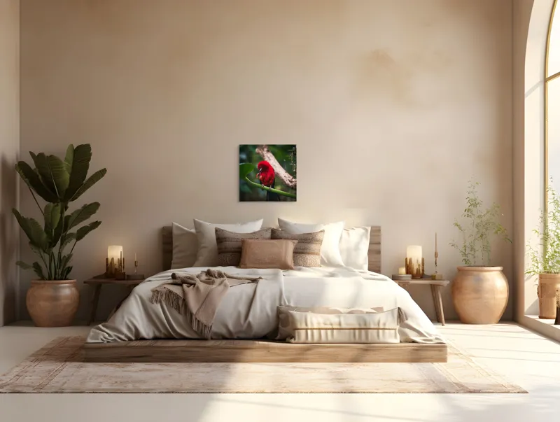 Tablou Canvas, "Frumusețea exotică în natură vibrantă", Roșu, Pasăre, Ramură, Frunze, Natură, Viu, Penaj, Exotic, Contrast, Verde, 50 x 50 cm – poza 5