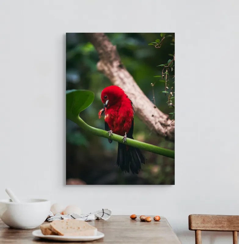 Tablou Canvas, "Frumusețea exotică în natură vibrantă", Roșu, Pasăre, Ramură, Frunze, Natură, Viu, Penaj, Exotic, Contrast, Verde, 50 x 70 cm – poza 3