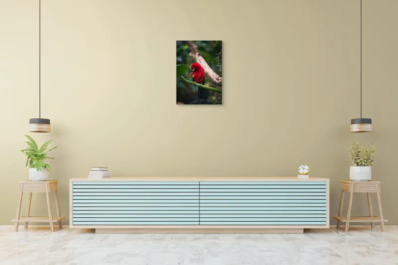 Tablou Canvas, "Frumusețea exotică în natură vibrantă", Roșu, Pasăre, Ramură, Frunze, Natură, Viu, Penaj, Exotic, Contrast, Verde, 50 x 70 cm – poza 6