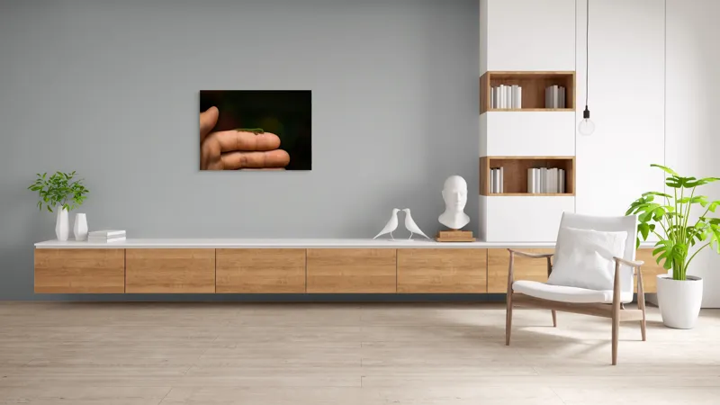 Tablou Canvas, "Șopârla pe degetul protectorului său", Mic, Gecko, Fragil, Verde, Mână, Delicat, Contrast, Natură, 100 x 70 cm – poza 6