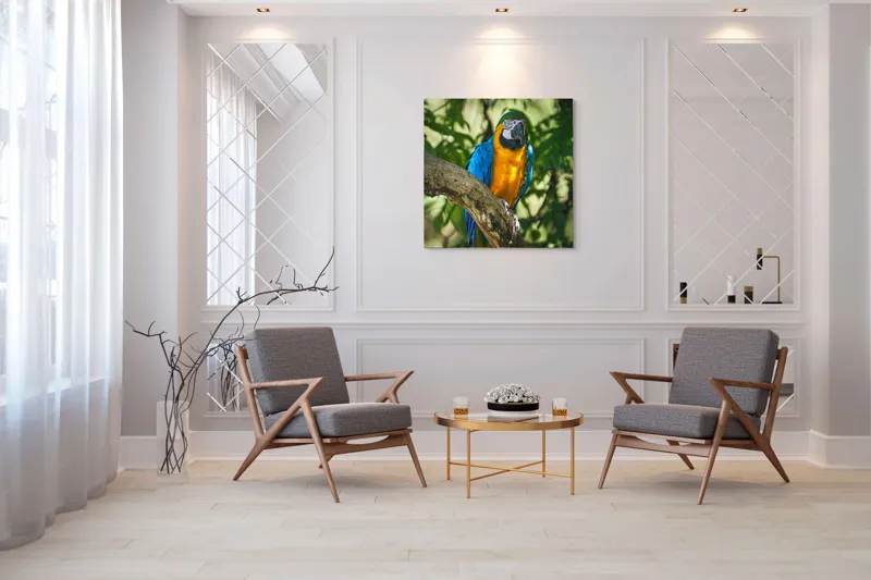 Tablou Canvas, "Papagalul albastru în razele soarelui", Penaj, Exotic, Strălucitor, Colorat, Păsăre, Natură, Verdeață, Ramură, 100 x 100 cm – poza 7