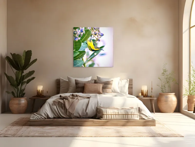 Tablou Canvas, "Pasărea în grădina cu flori albastre", Pasăre, Floră, Frunziș, Culori, Delicatețe, Natură, Fragilitate, Echilibru, 100 x 100 cm – poza 4