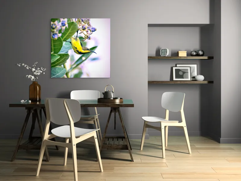 Tablou Canvas, "Pasărea în grădina cu flori albastre", Pasăre, Floră, Frunziș, Culori, Delicatețe, Natură, Fragilitate, Echilibru, 100 x 100 cm – poza 6