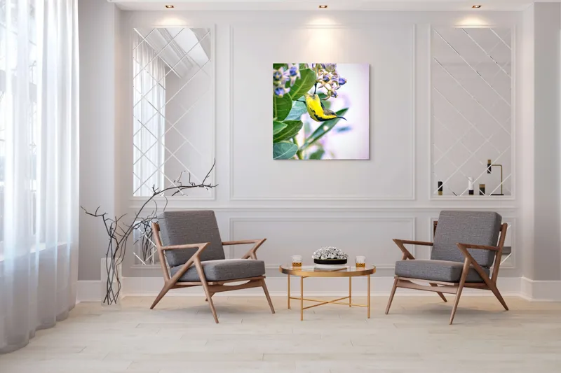 Tablou Canvas, "Pasărea în grădina cu flori albastre", Pasăre, Floră, Frunziș, Culori, Delicatețe, Natură, Fragilitate, Echilibru, 100 x 100 cm – poza 7