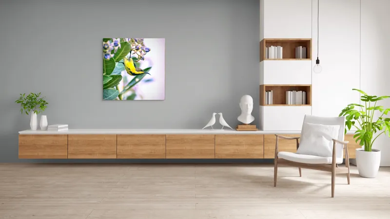 Tablou Canvas, "Pasărea în grădina cu flori albastre", Pasăre, Floră, Frunziș, Culori, Delicatețe, Natură, Fragilitate, Echilibru, 100 x 100 cm – poza 8