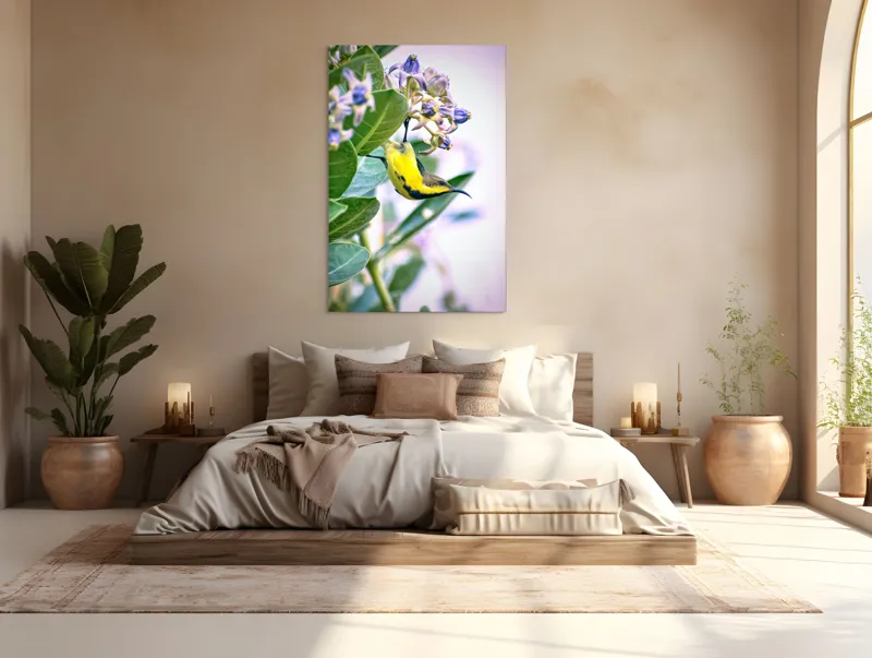 Tablou Canvas, "Pasărea în grădina cu flori albastre", Pasăre, Floră, Frunziș, Culori, Delicatețe, Natură, Fragilitate, Echilibru, 100 x 150 cm – poza 3