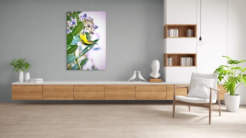 Tablou Canvas, "Pasărea în grădina cu flori albastre", Pasăre, Floră, Frunziș, Culori, Delicatețe, Natură, Fragilitate, Echilibru, 100 x 150 cm – poza 8