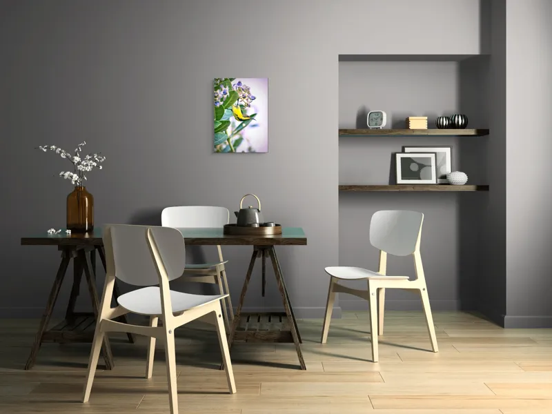Tablou Canvas, "Pasărea în grădina cu flori albastre", Pasăre, Floră, Frunziș, Culori, Delicatețe, Natură, Fragilitate, Echilibru, 39 x 54 cm – poza 7