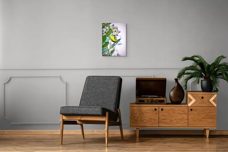 Tablou Canvas, "Pasărea în grădina cu flori albastre", Pasăre, Floră, Frunziș, Culori, Delicatețe, Natură, Fragilitate, Echilibru, 39 x 54 cm – poza 8