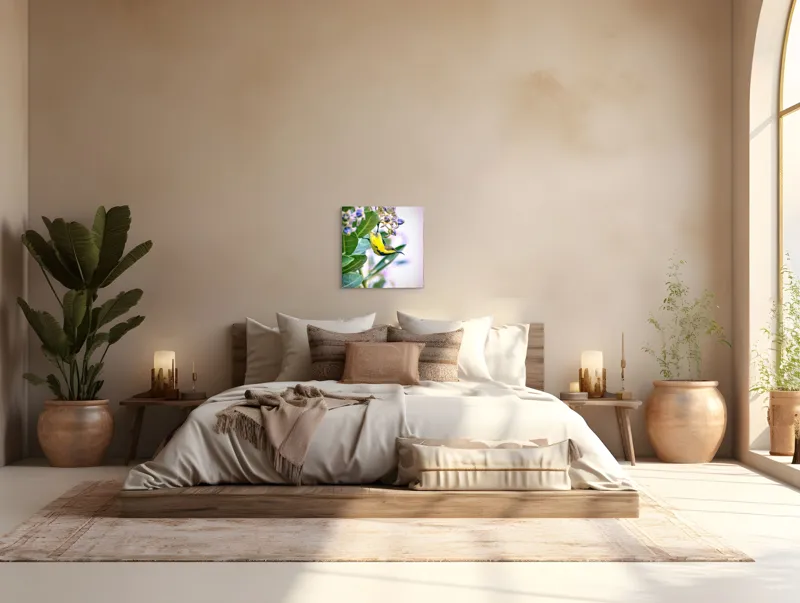 Tablou Canvas, "Pasărea în grădina cu flori albastre", Pasăre, Floră, Frunziș, Culori, Delicatețe, Natură, Fragilitate, Echilibru, 50 x 50 cm – poza 5