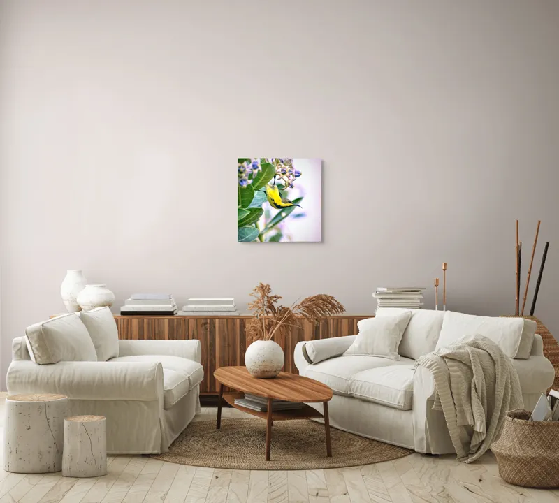 Tablou Canvas, "Pasărea în grădina cu flori albastre", Pasăre, Floră, Frunziș, Culori, Delicatețe, Natură, Fragilitate, Echilibru, 50 x 50 cm – poza 7