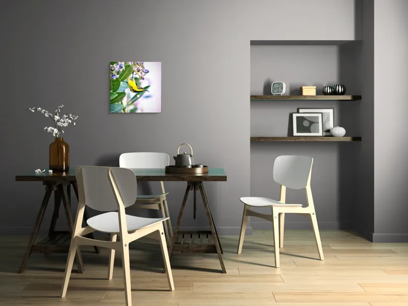 Tablou Canvas, "Pasărea în grădina cu flori albastre", Pasăre, Floră, Frunziș, Culori, Delicatețe, Natură, Fragilitate, Echilibru, 50 x 50 cm – poza 8