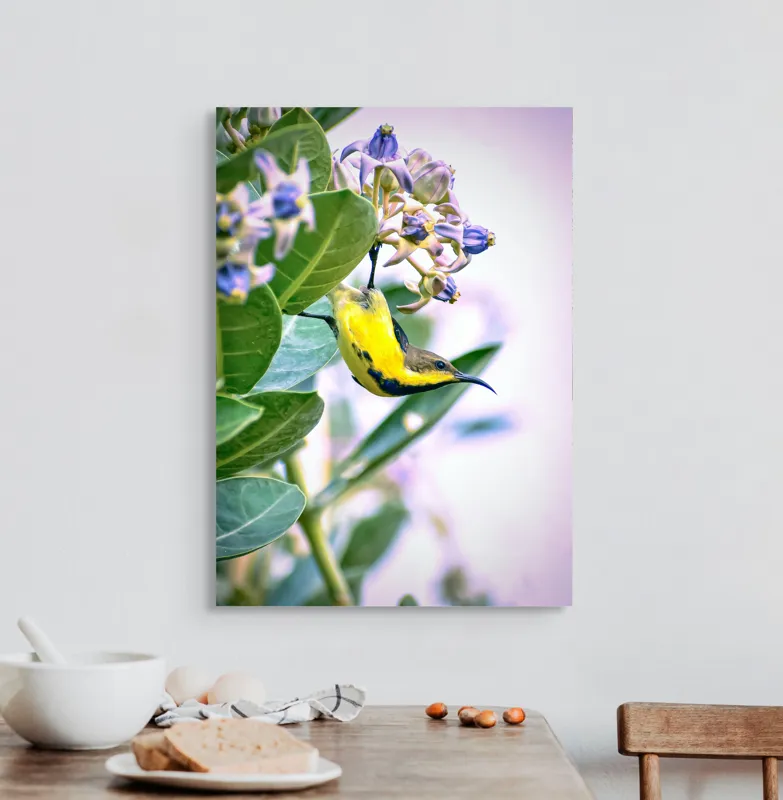 Tablou Canvas, "Pasărea în grădina cu flori albastre", Pasăre, Floră, Frunziș, Culori, Delicatețe, Natură, Fragilitate, Echilibru, 50 x 70 cm – poza 3