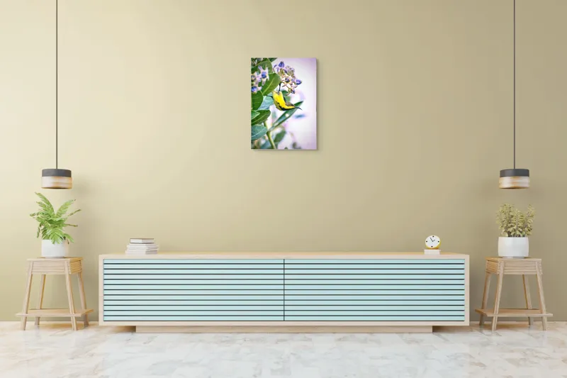 Tablou Canvas, "Pasărea în grădina cu flori albastre", Pasăre, Floră, Frunziș, Culori, Delicatețe, Natură, Fragilitate, Echilibru, 50 x 70 cm – poza 6