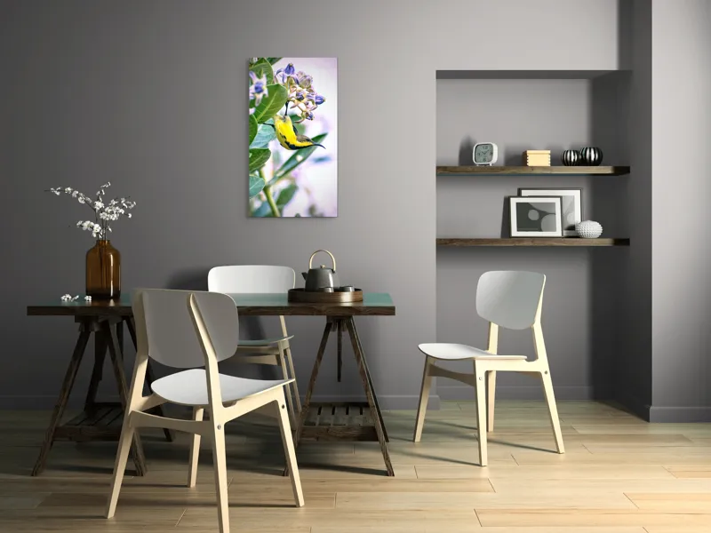 Tablou Canvas, "Pasărea în grădina cu flori albastre", Pasăre, Floră, Frunziș, Culori, Delicatețe, Natură, Fragilitate, Echilibru, 50 x 90 cm – poza 4