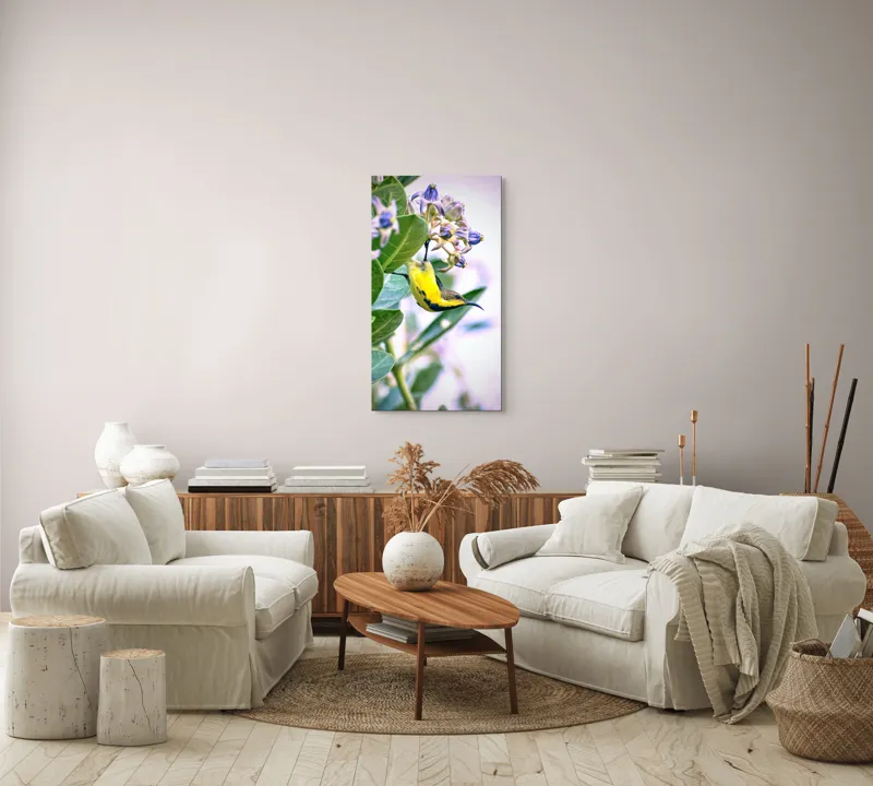 Tablou Canvas, "Pasărea în grădina cu flori albastre", Pasăre, Floră, Frunziș, Culori, Delicatețe, Natură, Fragilitate, Echilibru, 50 x 90 cm – poza 7