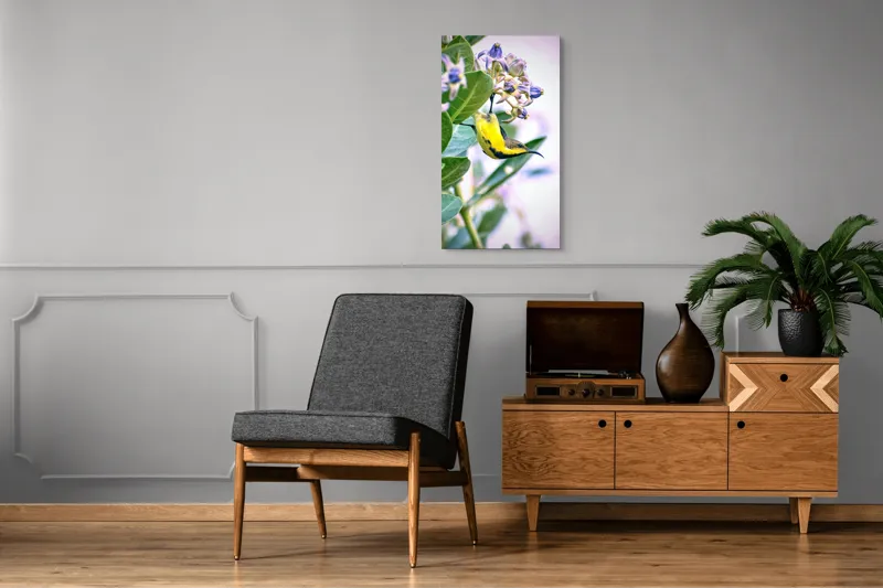 Tablou Canvas, "Pasărea în grădina cu flori albastre", Pasăre, Floră, Frunziș, Culori, Delicatețe, Natură, Fragilitate, Echilibru, 50 x 90 cm – poza 8