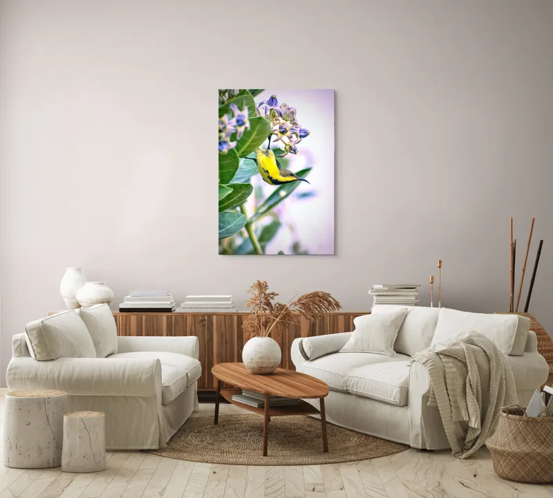 Tablou Canvas, "Pasărea în grădina cu flori albastre", Pasăre, Floră, Frunziș, Culori, Delicatețe, Natură, Fragilitate, Echilibru, 70 x 100 cm – poza 4