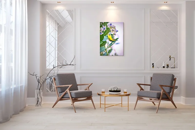 Tablou Canvas, "Pasărea în grădina cu flori albastre", Pasăre, Floră, Frunziș, Culori, Delicatețe, Natură, Fragilitate, Echilibru, 70 x 100 cm – poza 8